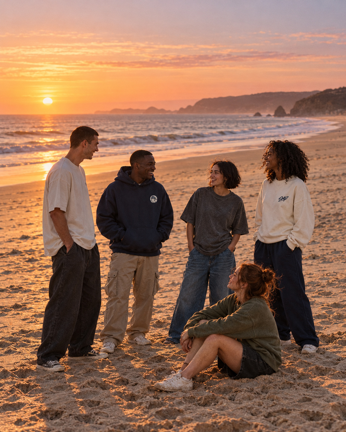 Cinco amigos con estilos y rasgos diferentes, vestidos con camisetas y sudaderas SMP, conversan sobre la arena de una playa al atardecer.